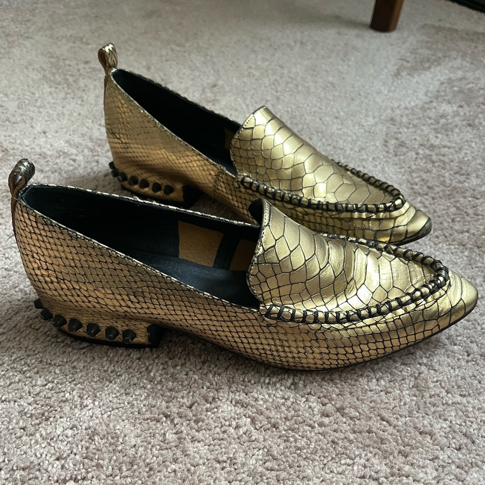 Jeffrey Campbell Gold Snakeskin Loafers, 7.5